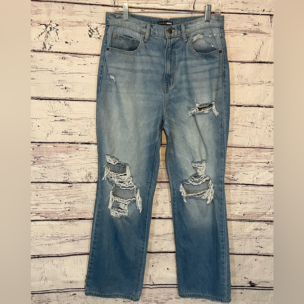 FASHION NOVA Jeans High Rise Heavily Distressed Wide Leg Light Wash-11